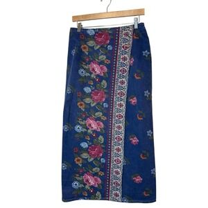 Vtg Denim Floral Print Wrap Maxi Skirt Vivaldi Size 10 Festival Coastal Cowgirl